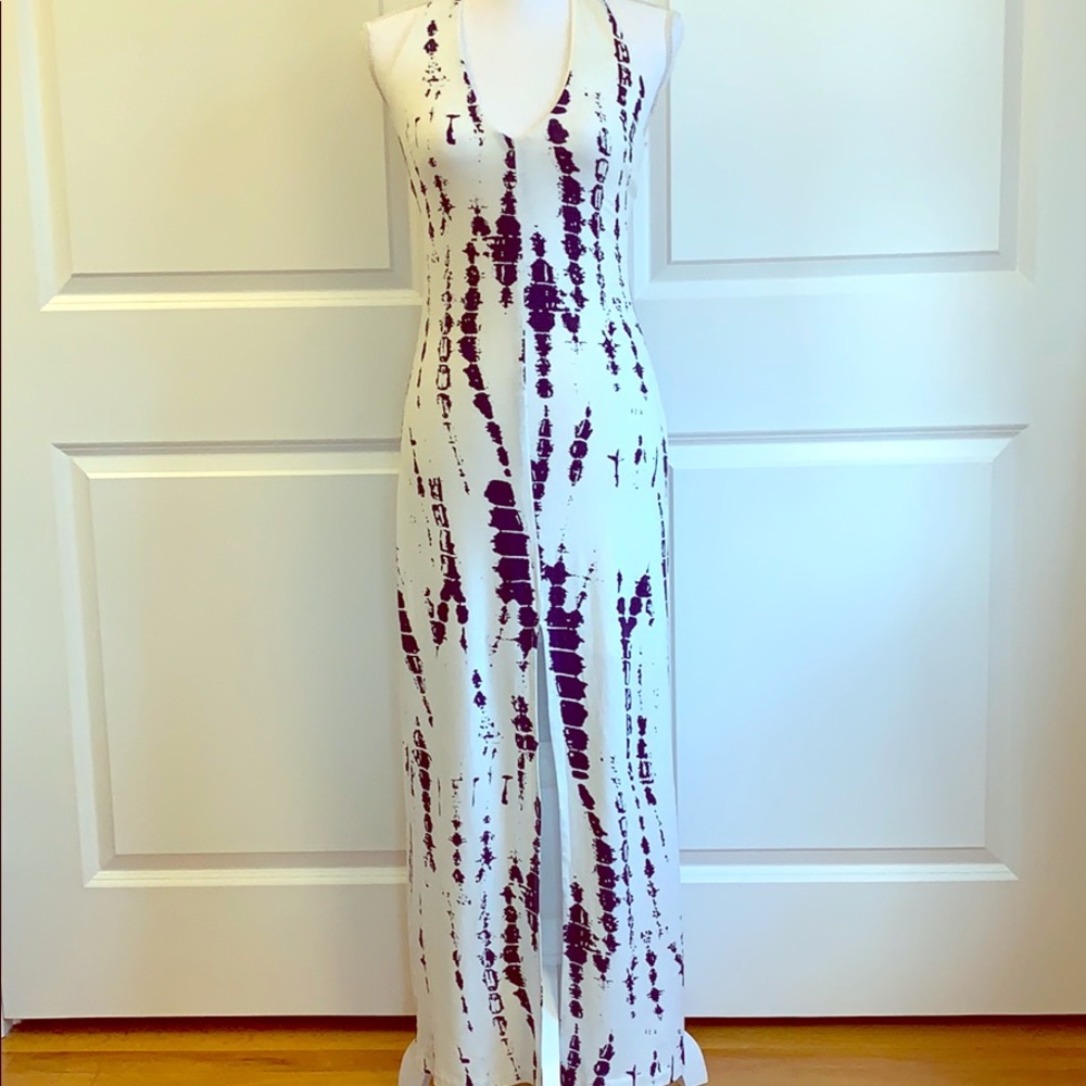Maxi Dress Blue/Ivory stretch with gorgeous back- size Medium